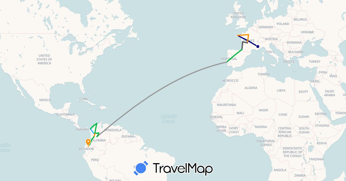 TravelMap itinerary: driving, bus, plane, boat, hitchhiking, motorbike in Colombia, Ecuador, France, Portugal (Europe, South America)